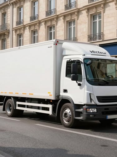 Wide cinematic shot of a clean, modern Vecteur Déménagement truck parked on a quiet Parisian street in bright morning daylight, sharp focus, 35mm lens.