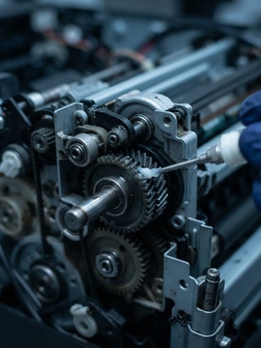 Close-up of a high-end laser printer internal gear assembly being carefully lubricated with technical grease, sharp focus, cool workshop lighting, macro photography