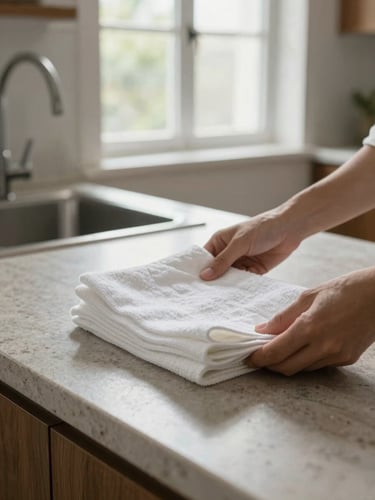 Wide interior shot of a freshly cleaned kitchen, hands placing folded white tea towels on a stone countertop, bright north-facing daylight through a window, naturalistic and task-focused