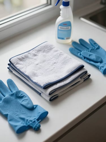 Close-up overhead shot of cleaning supplies — folded microfibre cloths, a spray bottle, and gloves arranged neatly on a white countertop under bright natural window light