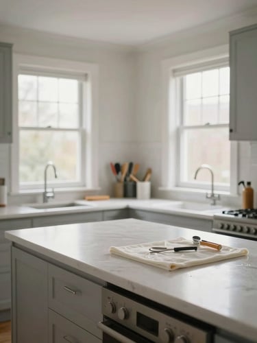 Wide interior shot of a cleaned residential kitchen, bright north-facing daylight through windows, white countertops wiped clean, organised tools on the bench, no people, naturalistic and task-complete