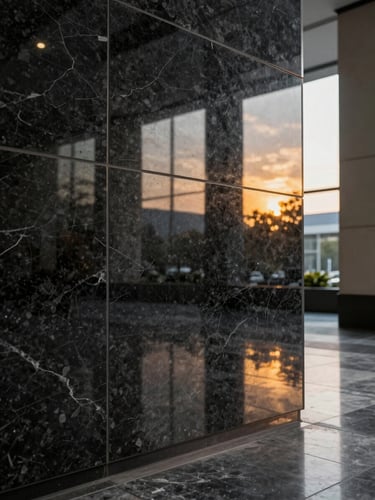 Close-up portrait framing of a polished black granite floor panel in a corporate lobby, raking golden-hour light revealing deep crystal grain and mirror-like surface reflection, wide architectural column edge visible at far right, no people