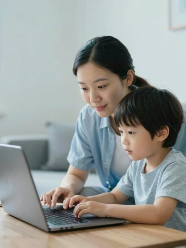 A parent and child looking at a laptop screen together in a sunlit living room, soft blue tones, quiet focused atmosphere, clean modern interior, 35mm