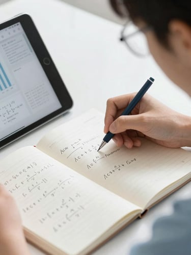 A student deeply focused in a quiet, sunlit room, close-up on a notebook with handwritten equations alongside a clean tablet interface showing progress charts, 35mm photography.
