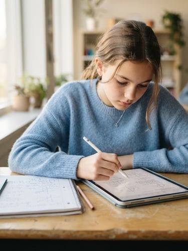 Bright natural daylight, a young student focused on a tablet screen at a clean wooden desk, handwritten math equations in a notebook beside them, shallow depth of field, 35mm