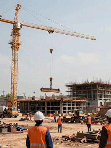 Wide environmental shot of an active industrial construction site in the DRC copper belt, massive steel structures being assembled by cranes under bright equatorial daylight, engineers in high-visibility orange vests and hardhats visible in the foreground.