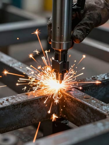 Gros plan technique d'une soudure sur une structure en acier industriel, étincelles orange vives, précision chirurgicale, mise au point nette.