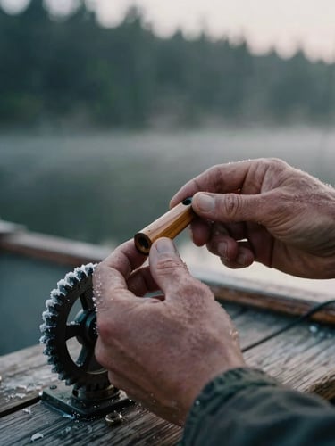 Tight macro shot of weathered hands tuning a wooden duck call, ice-rimmed gear on a wooden boat deck, low-light dawn, desaturated tones.