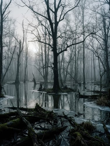 Wide environmental shot of flooded timber at dawn, heavy atmospheric fog filtering through bare oak trees, ice-rimmed water, 35mm film style.