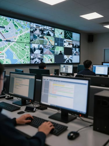 Wide environmental shot of a security operations center at night, multiple large screens displaying real-time coverage maps and dispatch dashboards, a coordinator's hands resting on a keyboard in the foreground, cool overhead tungsten lighting, no faces visible, deep shadows framing the room edges