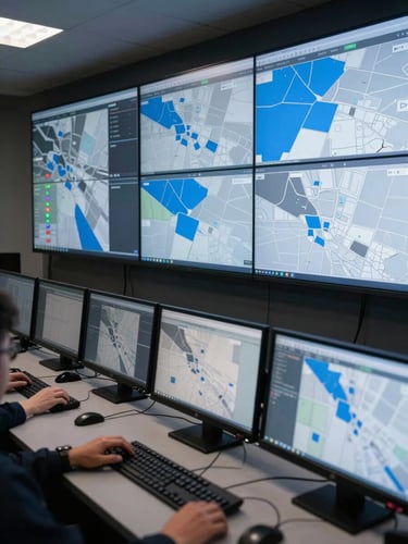 Wide panoramic view of a real-time security operations dashboard on multiple large monitors in a darkened control room, screens showing coverage maps with active zones highlighted in blue and grey, operator hands visible on keyboard in foreground, overhead tungsten lighting, cool ambient glow from screens, no people's faces visible, documentary framing