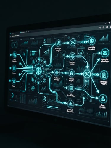 Sleek dark-mode interface visual showing AI automation flow on a screen, neon cyan accents, sharp focus, premium corporate aesthetic, 35mm