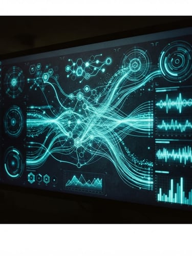 Sleek dark-mode tech photograph of a digital dashboard interface, showing data flows and AI processes, with neon cyan accents, sharp focus, low-key lighting, 35mm, bleeding to the left edge.