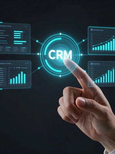 Close-up of a hand interacting with a holographic interface displaying interconnected business applications like CRM, ERP, and financial software, sleek dark-mode tech, moody low-key lighting, neon cyan accents, sharp focus, premium corporate aesthetic, 35mm