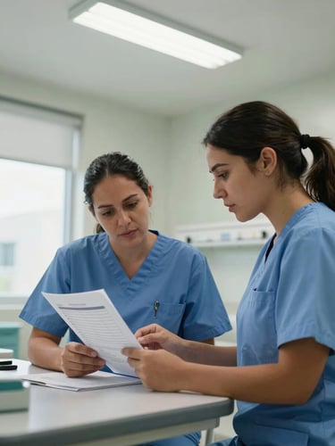 Medium shot from slightly above, clinical coordination room in a Colombian hospital, two professionals reviewing a structured staffing document on a table under bright overhead fluorescent lighting, high-clarity daylight from a side window, no smiles for camera — focused on task