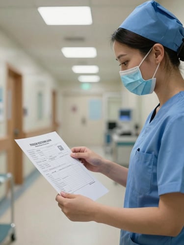 Wide medium shot of a surgical nurse reviewing a printed credential document at a clinical coordination desk, controlled overhead lighting, hospital corridor visible in the background left, sharp focus on document and professional hands
