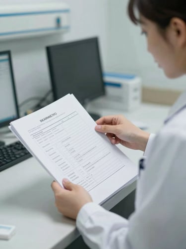 Medium shot of a clinical coordinator at a hospital workstation reviewing printed credential documents under controlled daylight, hands visible turning pages, crisp focus on paperwork and professional attire, clean institutional background, high-clarity lighting with no moody softness