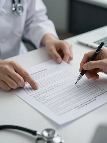 Close-up of a clinical evaluator's hands reviewing a medical credential document on a backlit desk, stethoscope visible at the edge of the frame, clean studio lighting with sharp focus on the document, no faces, operational context