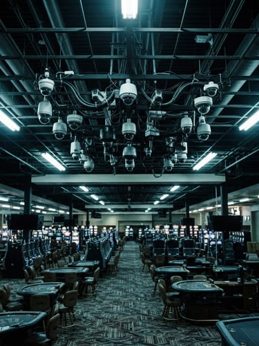 Stark documentary photography of an empty casino floor under harsh fluorescent lighting, focusing on a ceiling array of security cameras, desaturated cold tones, high contrast shadows, 35mm lens.