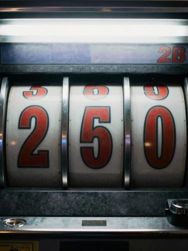 stark documentary photography, extreme close-up of a slot machine's spinning reels, harsh artificial fluorescent lighting, desaturated cold tones, high contrast shadows, 35mm lens