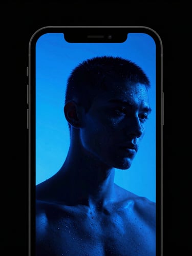 Close-up, high-contrast portrait-oriented shot of a mobile phone screen displaying a vibrant, scroll-stopping ad creative mockup, with electric blue highlights and deep shadows, editorial photography.
