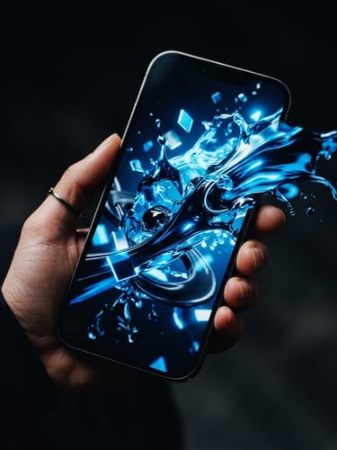 High-contrast close-up of a mobile phone displaying a dynamic, scroll-stopping ad creative, sharp focus, electric blue accents, dramatic studio lighting, bleeding to the right edge.