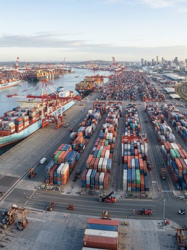 Wide panoramic view of a modern, organized shipping port at sunrise, large cargo ships docked, containers stacked neatly, bright neutral daylight, crisp commercial photography.