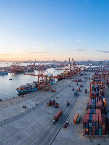 Wide panoramic view of a modern, organized container port at sunrise, cargo ships docked, industrial cranes, with a clear blue sky, soft light, container stacks on the right third, expansive foreground. crisp commercial photography, bright neutral daylight, industrial logistics and clean product shots, sharp focus, 35mm