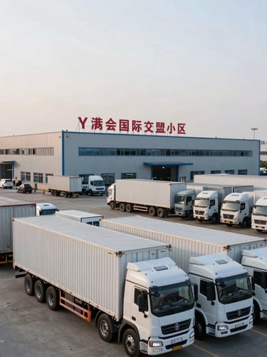 Wide panoramic shot of Yiwu International Trade City at dusk, bustling with activity, modern logistics trucks in the foreground, clean and professional, 35mm crisp commercial photography.