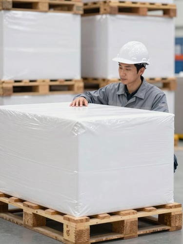 Close-up of a professional inspector examining goods on a pallet in a clean, brightly lit warehouse, other neatly stacked boxes in the background, sharp focus.