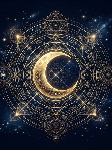 Mystical digital illustration of a crescent moon nested in gold celestial geometry, deep midnight blue background, high-contrast vector lines, atmospheric lighting