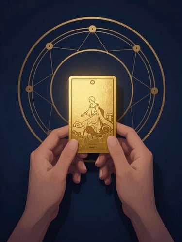 Overhead flat lay of hands holding a minimalist gold-foiled tarot card, soft mystical ambient glow, deep shadows, high-contrast chiaroscuro.