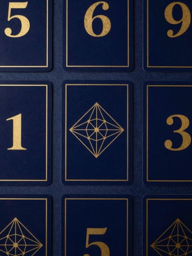 Overhead flat lay of minimalist tarot cards and golden geometric numbers on a deep midnight blue surface, soft mystical glow, high-contrast