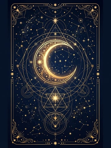 Mystical digital illustration of a stylized tarot card with celestial geometry, golden crescent moon, and stars on a deep midnight blue background, high contrast, clean vector lines.