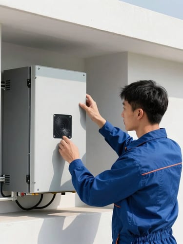 Professional electrician in clean uniform inspecting a modern solar inverter system, bright daylight, 35mm lens, sharp architectural framing
