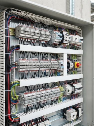 Close-up of a perfectly organized industrial electrical panel with clean, labeled wiring, bright high-contrast daylight, sharp industrial photography
