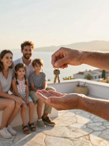 A close-up of a local Turkish host handing over keys to a smiling family on a sunny stone terrace, warm golden-hour light