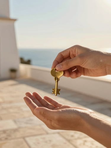 Warm environmental close-up of hands handing over brass keys on a sunny stone terrace, soft golden-hour sunlight, inviting Mediterranean tones, 35mm lens