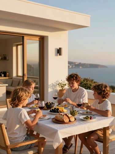 A warm golden-hour photo of a modern Aegean villa terrace, family breakfast table set with olives and fresh bread, soft natural shadows, 35mm lens
