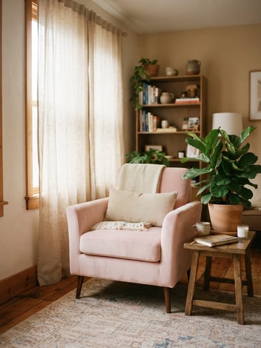 A warm cozy therapy room with a soft pink armchair, a green plant, and soft natural window light filtering through linen curtains, 35mm photography