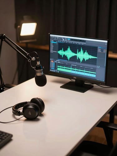 Wide shot of a podcast recording desk from slightly above — microphone arm in foreground, monitor glowing with a waveform editor, headphones resting on the surface, dim practical lamp casting warm light on the setup, dark background, cables visible, no person present