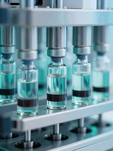 Macro close-up of a sterile automated liquid filling line with cool teal backlighting, sharp focus on glass vials, pharmaceutical manufacturing precision.
