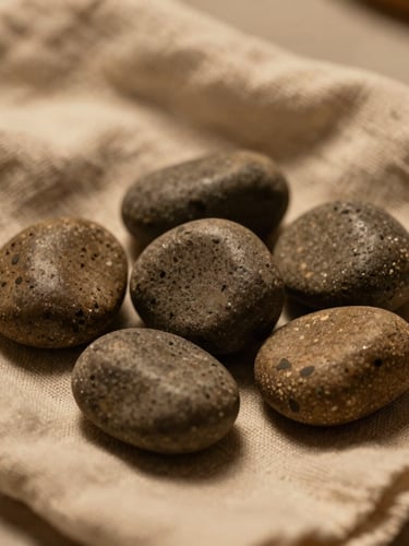 Macro shot of warm basalt stones resting on heavy organic cotton linens, soft warm lighting, low contrast.