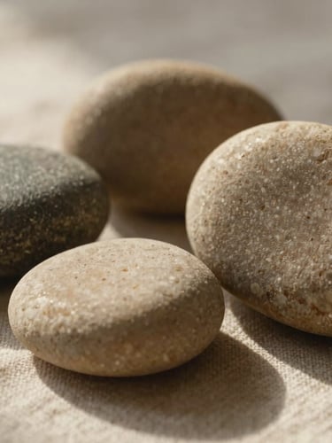 Intimate macro shot of warm, smooth basalt stones resting on textured organic linen, diffused afternoon light, soft shadows.