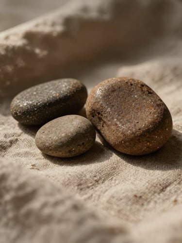 Intimate macro shot of warm basalt stones resting on heavy, textured organic cotton linen, low-contrast warm diffused lighting, shallow depth of field.