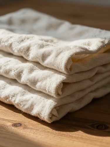 Macro photograph of heavy, folded organic cotton linen resting on a warm wooden surface under soft, diffused afternoon sunlight.