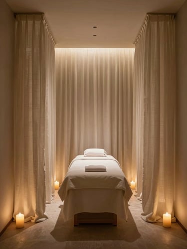 Symmetrical architectural view of a luxury spa treatment room, soft warm candlelight filtering through sheer linen drapes, immaculate minimal design, low-contrast shadows.
