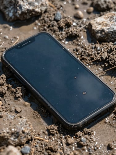 Gritty action product photography, harsh direct sunlight, close-up of a rugged black smartphone half-buried in wet mud with water droplets on the screen, rocky terrain background, 35mm lens.