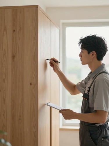 A professional technician in a clean uniform inspecting a modern residential wooden cabinet under soft, natural daylight.
