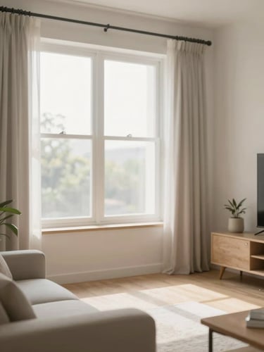 Bright editorial photography of a clean modern Bangalore living room with soft natural window light, calming desaturated tones, shallow depth of field